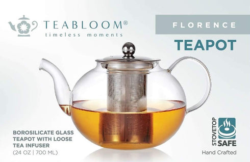 Teabloom Florence Glass Teapot – Heatproof Glass with Removable Stainless Infuser – Stovetop Safe – Tea for One or Two – 24 oz / 700 ml (2-3 Cups)...
