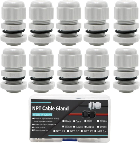 3/8 Cable Glands White PA66 Connector IP68 Waterproof Adjustable Cord Grip Strain Relief Connectors Protectors White 10PCS With Plastic Box...