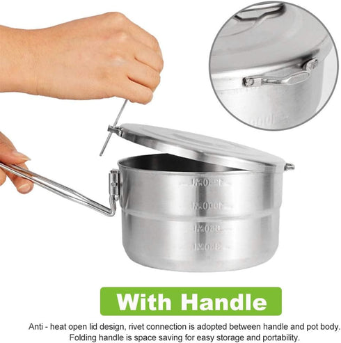 Stainless Steel Camping Cook Pot with Lid and Folding Handle Camping Cookware 1.5L Large Capacity Bento Pot for Camping, Hiking, Picnic...