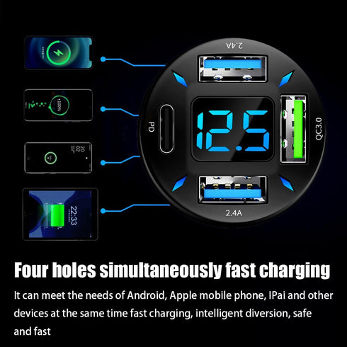 4 Ports USB Car Charger, 66W Super Fast Charging with QC 3.0, PD 20W and USB 2.4A Charger Adapter, Quick Charge with LED Voltmeter, Auto Cigarette...