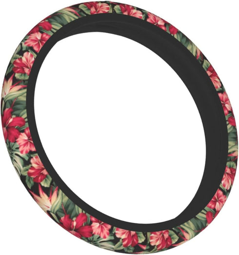 Red Hawaiian Flowers Car Steering Wheel Cover, Universal 15 Inch Soft Elastic and Comfortable Floral Steering Wheel Protector Warm in Winter and C...