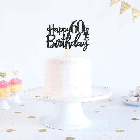 Black Glitter Happy 60th Birthday Cake Topper for Women Men, Hello 60th Anniversary, Cheers to 60 Years Party Decorations...
