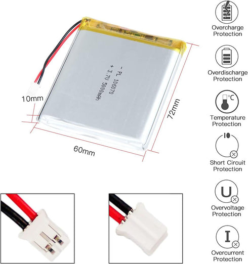 3.7V 5000mAh Battery 106070 Lithium Polymer Ion Rechargeable Li-ion Li-Po Battery with 2P PH 2.0mm Pitch Connector...