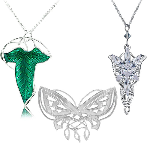 3pcs Arwen Evening Star Butterfly Brooch Lord of The Ring Hobbit Necklace Vintage Green Leaf Elven Pin Brooch Pendant Chain Necklace...