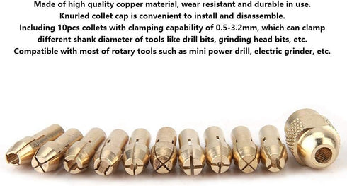 Drill Collet, 11pcs 4-jaw Copper Drill Chuck Collet Set for Mini Electric Power Drill Grinder Rotate Tool 0.5-3.2mm...