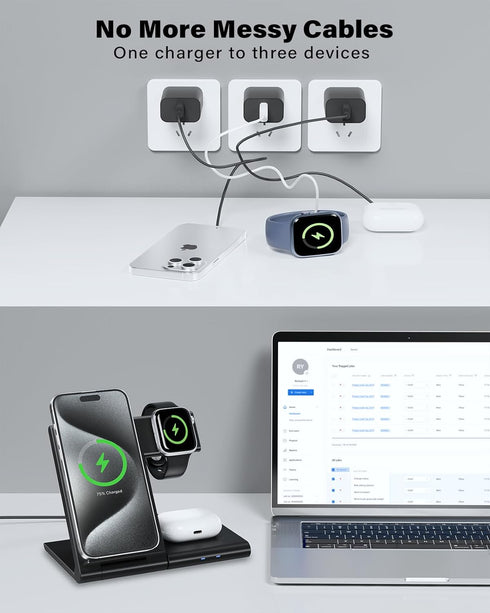 Wireless Charger 3 in 1 Wireless Charging Station for iPhone 15 14 13 12 11 Pro Max XR XS,Fast Wireless Charging Stand Dock for Apple Watch 9 Ultr...