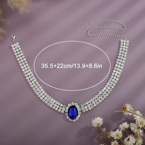 YERTTER Vintage Full Chunky Rhinestone Sapphire Charm Silver Chain Blue Crystal Pendant Luxury Collar Choker Necklace Adjustable Chain for Party M...