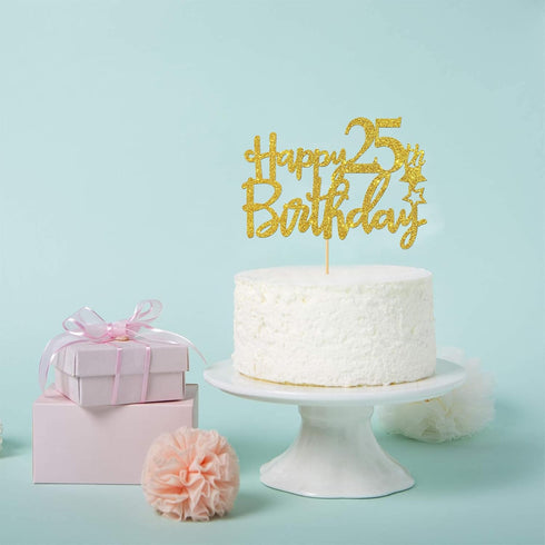 Gold Happy 25th Birthday Cake Topper,Hello 25,Cheer to 25 Years, 25 & Fabulous Party Decoration...