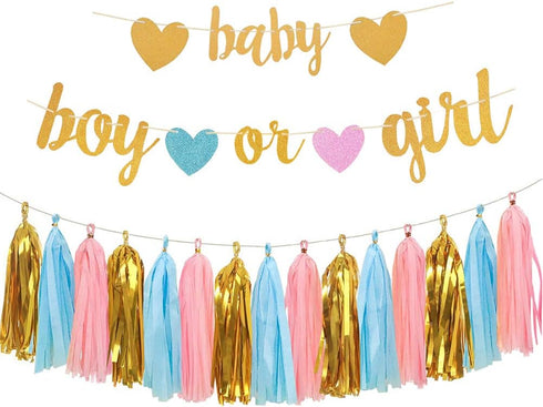 Baby Gender Reveal Decorations - Glitter Letters Baby and Boy or Girl with Hearts Banner, Tissue Paper Tassels Garland Set for Gender Reveal Party...