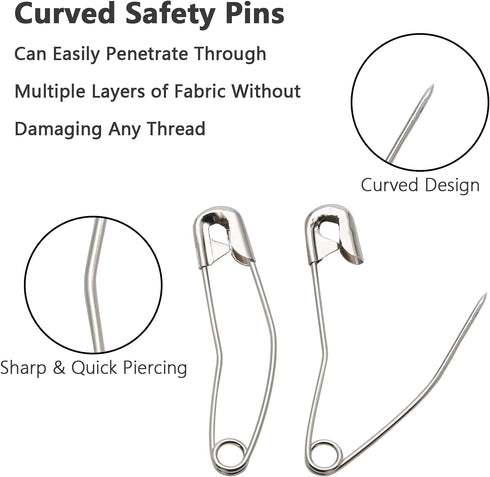 100Pcs Curved Safety Pins Size 3, 2" / 50mm Quilting Basting Pins, Bent Safety Pins for Quilting and Knitting (Sliver)...