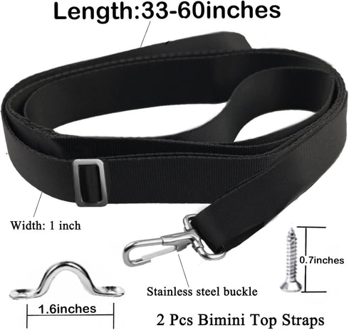 2 Pack Bimini Boat Top Straps, Heavy Duty Adjustable Straps with Hooks 28"~60" Awning Marine Webbing Boat Canopy Straps w/ 2 Stainless Steel Pad E...