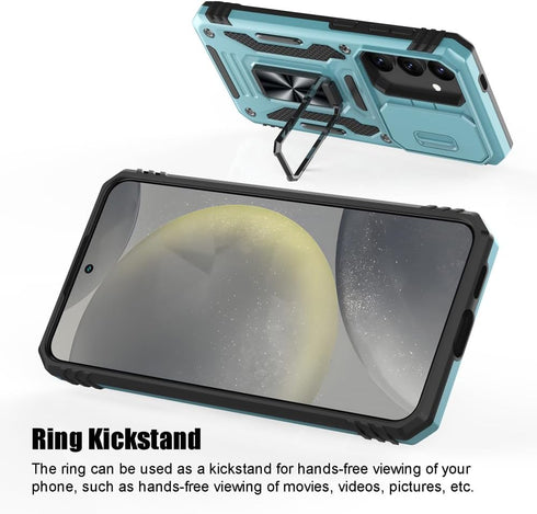 for Samsung Galaxy S24 Case, Shockproof Phone Case with Sliding Camera Cover & Rotatable Ring Holder Kickstand + Tempered Glass Screen Protector f...