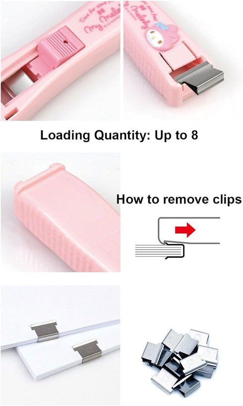 Clamp Clip Dispenser Stapler Cute Animal Faced Reusable Mymelody Clip Dispenser/Portable Handheld Paper 3 Metal Refill Clips Pink Rabbit...