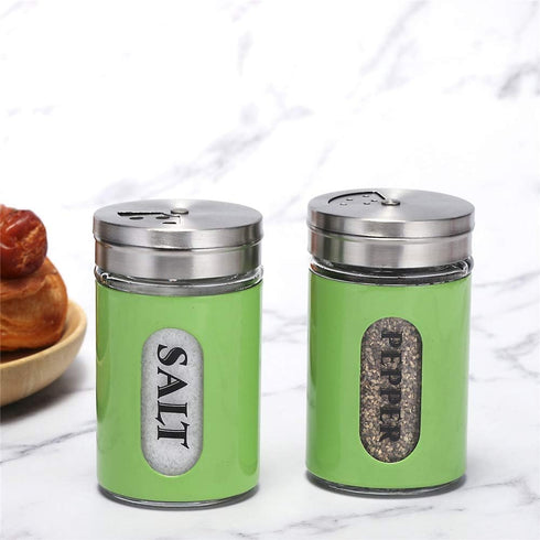 Salt and Pepper Shakers Stainless Steel and Glass Set with Adjustable Pour Holes (Green)...