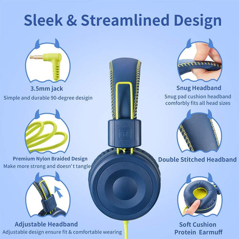 POWMEE M1 Kids Headphones Wired Headphone for Kids,Foldable Adjustable Stereo Tangle-Free,3.5MM Jack Wire Cord On-Ear Headphone for Children (Blue...