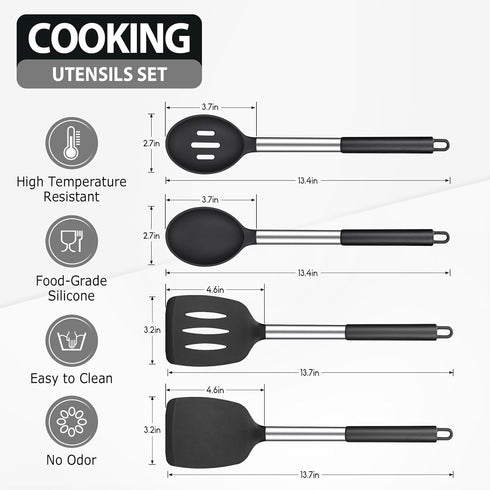Pack of 4 Large Silicone Cooking Spatulas and Spoons, Slotted and Solid Stainless Steel Cooking Utensils Set, Non-stick Heat Resistant Kitchen for...