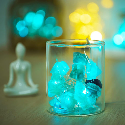 BOHON Natural Fluorite String Lights Battery Operated with Remote Sea Glass Raw Stones Decorative Lights 6.5ft 20 LEDs String Lights for Bedroom P...
