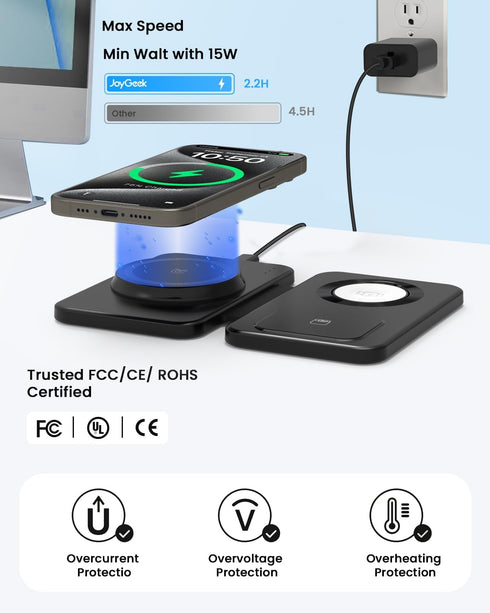 JoyGeek Magnetic Wireless Charging Station for Apple Devices, 3 in 1 Foldable Charger Stand for MagSafe,Compatible with iPhone 15/14/13/12 Series,...