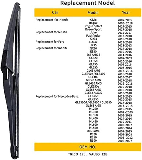 OTUAYAUTO 12" Rear Wiper Blade H301- Replacement for Nissan Rogue 2008-2023 Pathfinder 2013-2020 Juke 2011-2017 Kicks 2018-2023 Back Windshield Wi...