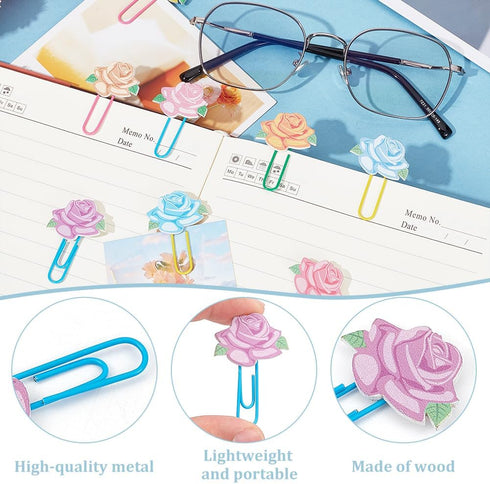 CRASPIRE 80Pcs Rose Paper Clips Flowers Leaf Binder Paperclips Clamps with Clear Box Bookmarks Metal Planner Memo Dispenser for Office Supplies Sc...