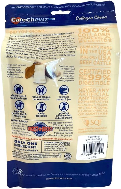 Pet Factory CareChewz Collagen 9" Rovers Dog Chew Treats - Natural Flavor, 6 Count/1 Pack...