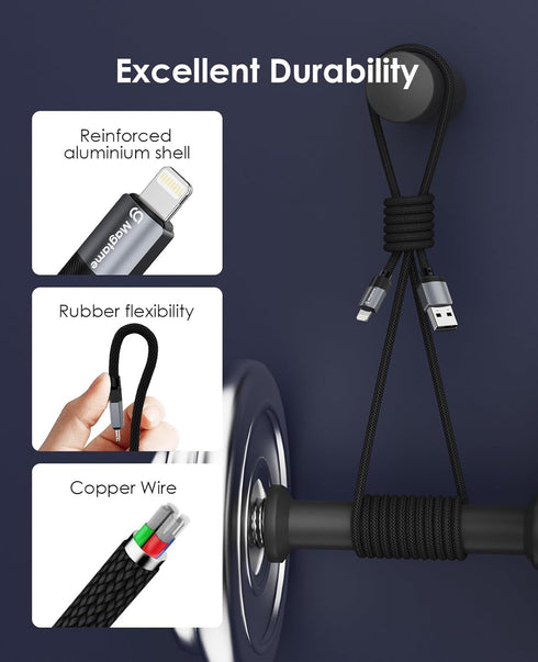 Magnetic iPhone Charger Cord 5ft Coiled, USB A to Lightning Cable Fast Charging Nylon Braided - MFi Certified Compatible with iPhone 14 13 12 11 P...
