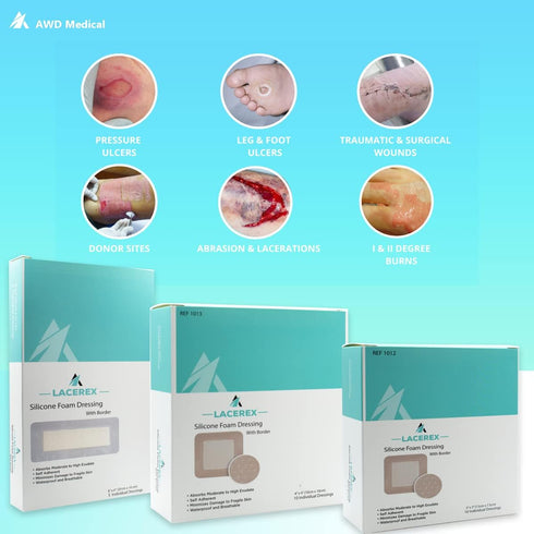 AWD Medical Bordered Silicone Foam Dressing - Waterproof Bedsore Silicone Bandages - Absorbent, Wound Dressing First Aid Bandage for Wound Care - ...
