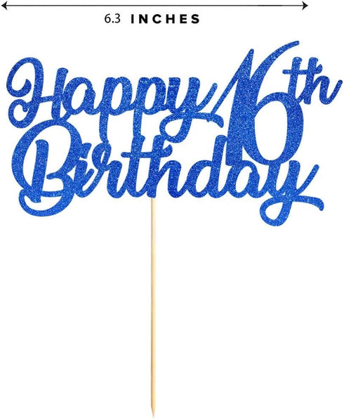 Blue Happy 16th Birthday Cake Topper, Royal Blue Glitter Cheers To 16 Years Party Cake Decorations, Supply...