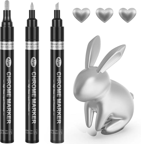 Liquid Mirror Chrome Markers - 3Pcs Silver Waterproof Reflective Gloss Chrome Pens for Plastic, Metal, Glass, Ceramic, Resin Supplies, Painting or...