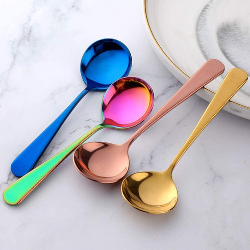 MINGYU 4-Piece Heavy Round Soup Spoons Set - Muticolor Premium Stainless Steel Dinner Serving Spoons Titanium Spoon Silverware Bouillon Spoons Tab...