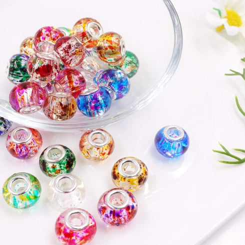 AIPRIDY 100Pcs 15x11mm Painting Murano Large Hole Glass Beads Mix Color with Silver Brass Cores European Charm fit Bracelet Necklace (Paint Splatt...
