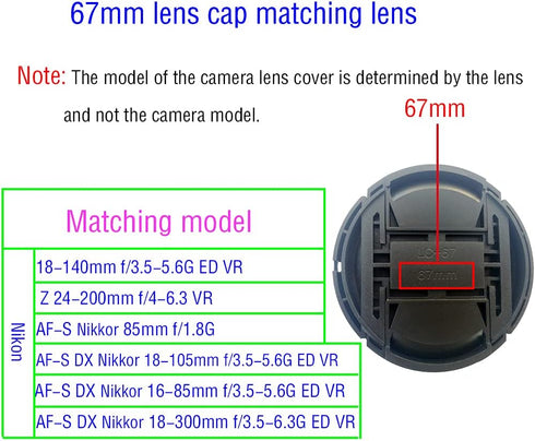 67mm lens cap Cover Compatible for Nikon 18-140mm f/3.5-5.6G ED VR,AF-S DX Nikkor 18-105mm f/3.5-5.6G ED VR,AF-S DX Nikkor 16-85mm f/3.5-5.6G ED V...