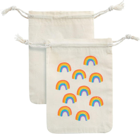 12-Pack Rainbow Party Favor Bags, Mini Canvas Drawstring & Treat Pouches, Supplies for Kids Birthdays, Unicorn Celebrations, and Gold-Glitter Rain...