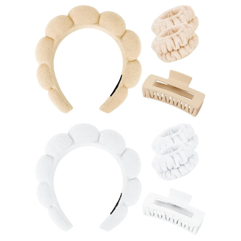 Wecoe White Khaki Spa Headband And Wristband Set Skincare Headband For Washing Face Hair Claw Clips For Thick Hair Cute Puffy Sponge Bubble Makeup...