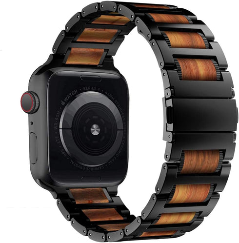 iiteeology Compatible with Apple Watch Band, Natural Wooden Steel Link Bracelet for iWatch Ultra 2/ Ultra/Series 1-10 49mm 46mm 45mm 44mm 42mm - B...