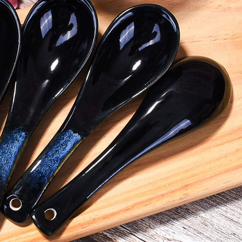 Japanese Ceramic Soup Spoon set of 5 Table spoons for Meals Soups and Ice creams Microwave and Dishwasher Safe Blue and Black...