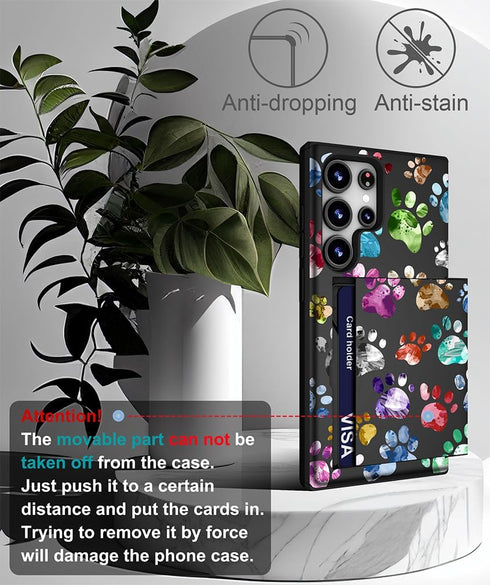 Compatible with Samsung Galaxy S24 Ultra Case Cute with Card Holder/Slim Wallet Phone Case for Women Galaxy S24 Ultra/Colorful Doodle Paws Dog Cra...