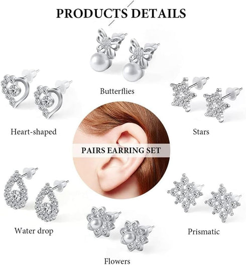 6 Pairs Earrings Set, Hypoallergenic Cubic Zirconia Stud, 925 Sterling Silver Simulated, 9-12 mm, Diamond Pearl Earrings, Jewelry Gif...