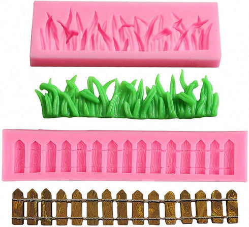 (Set of 2) Green Grass and Garden Picket Fence Silicone Fondant Mold Chocolate Candy Gumpaste Mold Cake Border Decorating Tool Polymer Clay Mold...