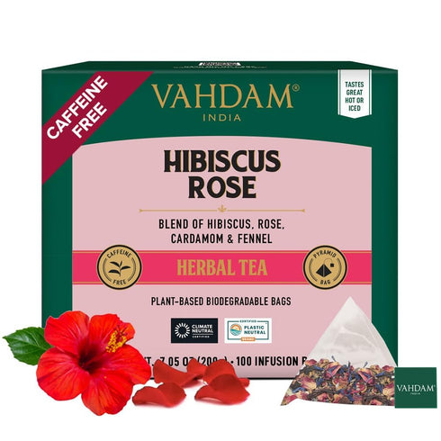 VAHDAM, Hibiscus Rose Tea Bags - 100% Whole Hibiscus Flowers Herbal Tea Bags (100 Count) With Rose, Chamomile & Exotic Spices | Caffeine Free, Flo...