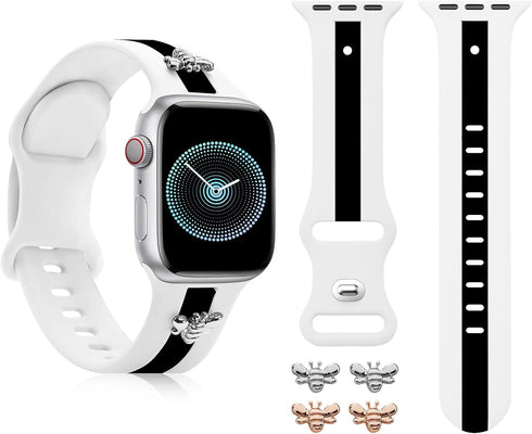 Silicone Band for Apple Watch Band 38mm 40mm 41mm Rosegold with 2 Pairs of Bee Charms Decor, Designer Sport Strap for Silver iwatch Bands Series 9...