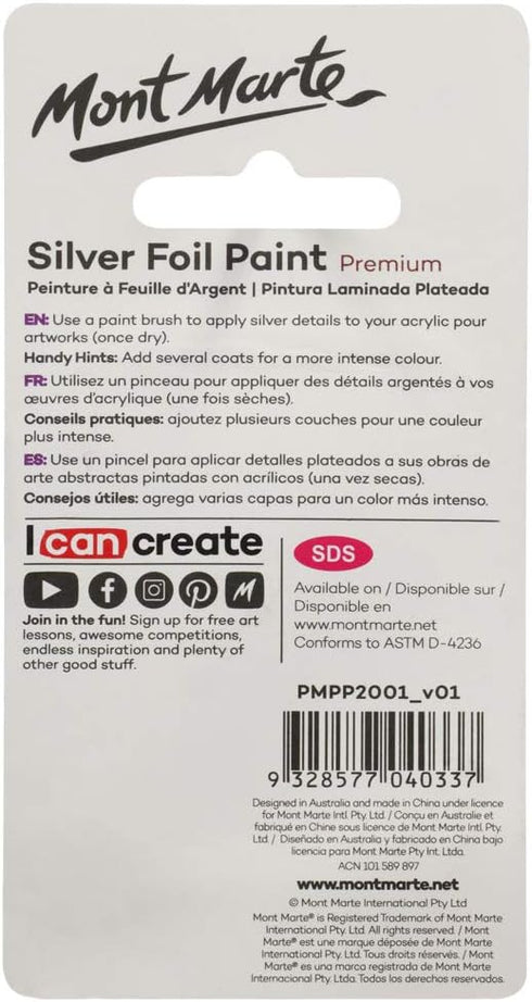 Mont Marte Premium Silver Foil Paint 0.67oz (20ml), Suitable for Pour Painting, High Pigment Level, Shimmering Color...