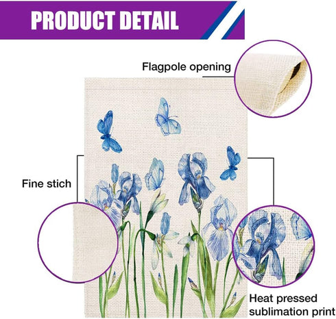 Blue Floral Garden Flag 12.5x18 Inch Vertical Double Sided Rustic Farmhouse Decor Iris Flowers with Butterfly Spring Seasonal Holiday Small Yard F...