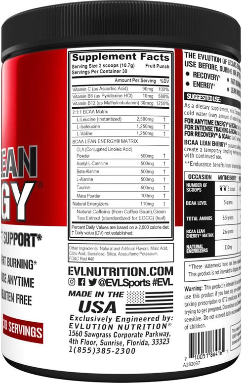 EVL BCAA Lean Energy Powder - Pre Workout Green Tea Fat Burner Support with BCAAs Amino Acids and Clean Energizers - BCAA Powder Post Workout Reco...