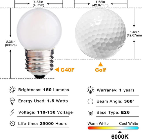 Globe Led Low Watt Light Bulbs 1.5W Equivalent 15 watt Soft White 6000k Frosted, Tiny G40 Bulbs for bed-side table, Vanity Mirror, Porch, Home Dec...
