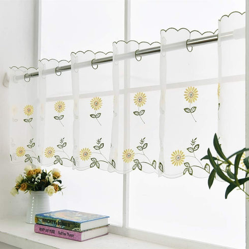 Sheer Embroidery Valance for Window with Daisy - Short Farmhouse Flower Kitchen White Curtain, 17x70inch, 1 Panel, ZHH...