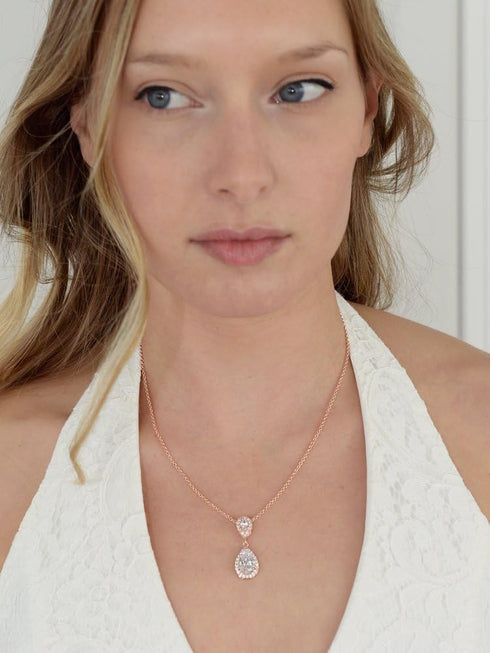 Mariell Rose Gold Cubic Zirconia Crystal Teardrop Bridal Wedding Pendant Necklace, Jewelry for Brides...