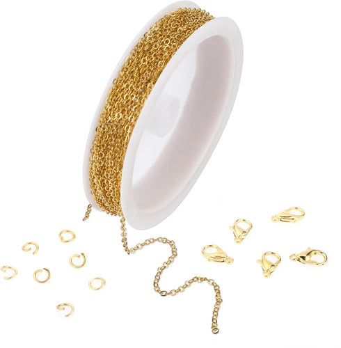 WLLHYF Gold Plated Chain 196 Inches Stainless Steel Metal Cable Link Chain Roll with 10 Lobster Clasps 30 Jump Rings Necklace Earring Bracelet Ext...