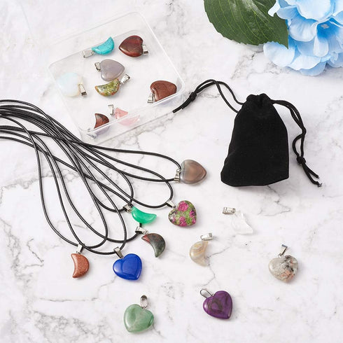 FASHEWELRY 20Pcs Random Crescent Moon Heart Chakra Stone Pendants Healing Crystal Gemstone Charms & 20Pcs Black Waxed Cotton Necklace Cord & 1Pc V...