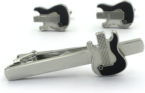 Guitar Music Shirt Silver Tie Clip and Cufflinks Set...